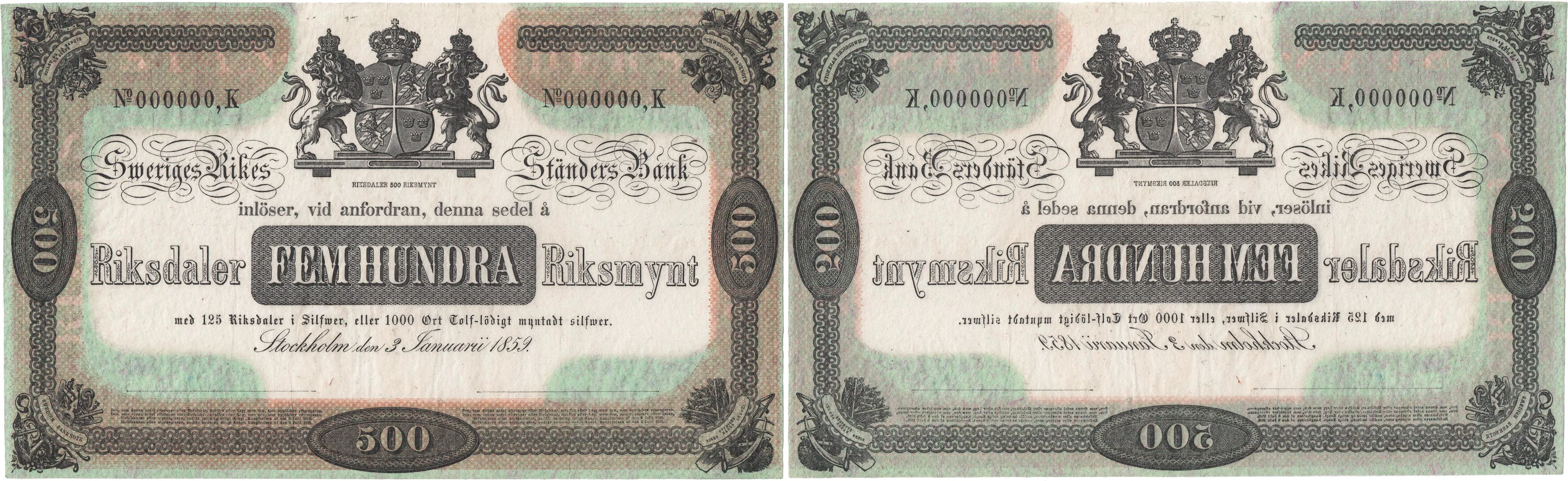 500 riksdaler riksmynt 1859. Nr 000000, K