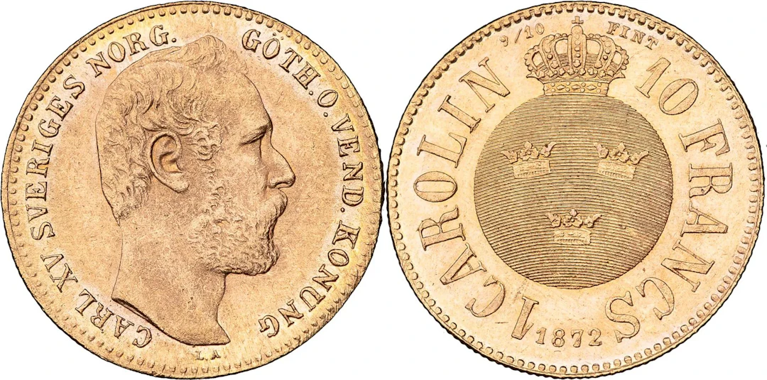 KARL XV (1859-1872). Carolin / 10 francs 1872. SM 13a