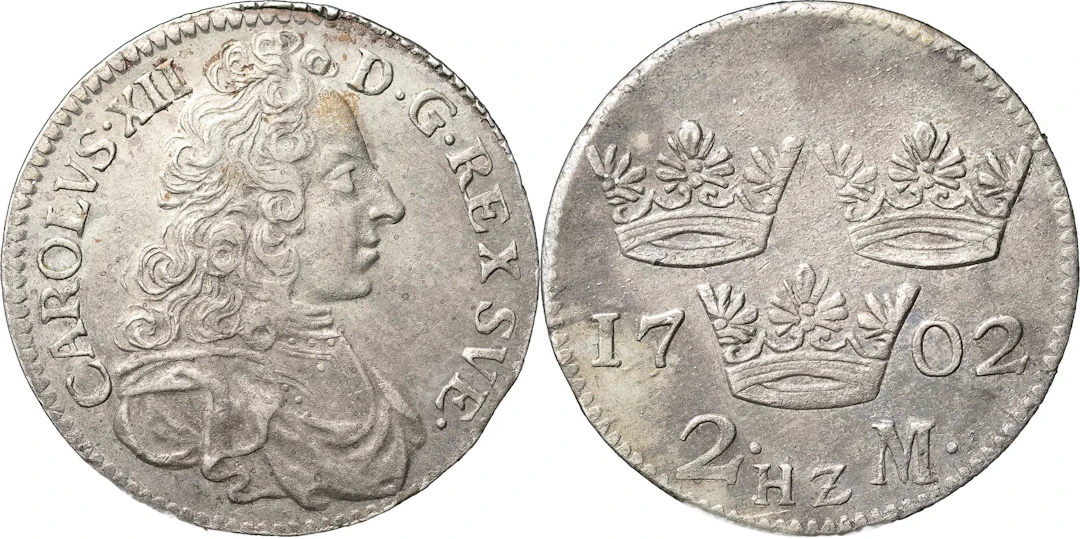 KARL XII (1697-1718). STOCKHOLM. 2 mark 1702