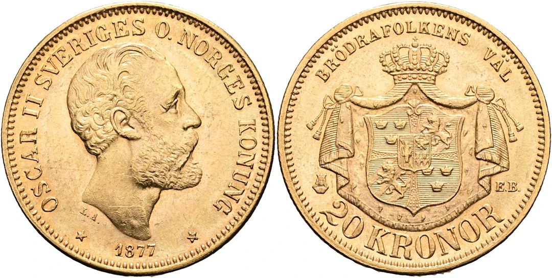 OSKAR II (1872-1907). 20 kronor 1877