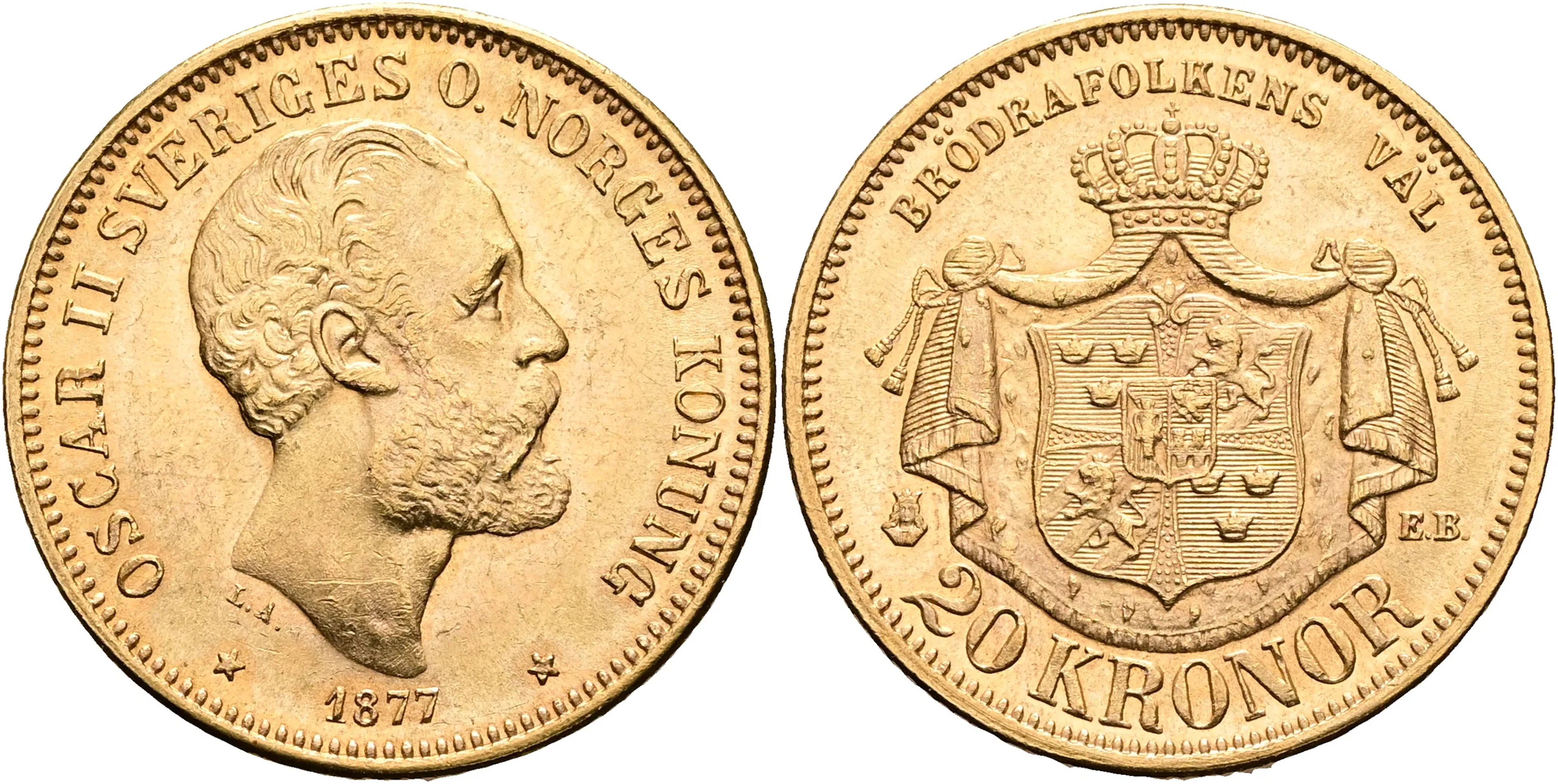 OSKAR II (1872-1907). 20 kronor 1877