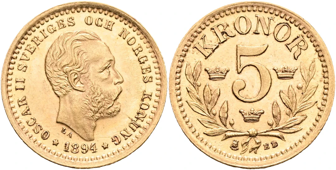 OSKAR II (1872-1907). 5 kronor 1894