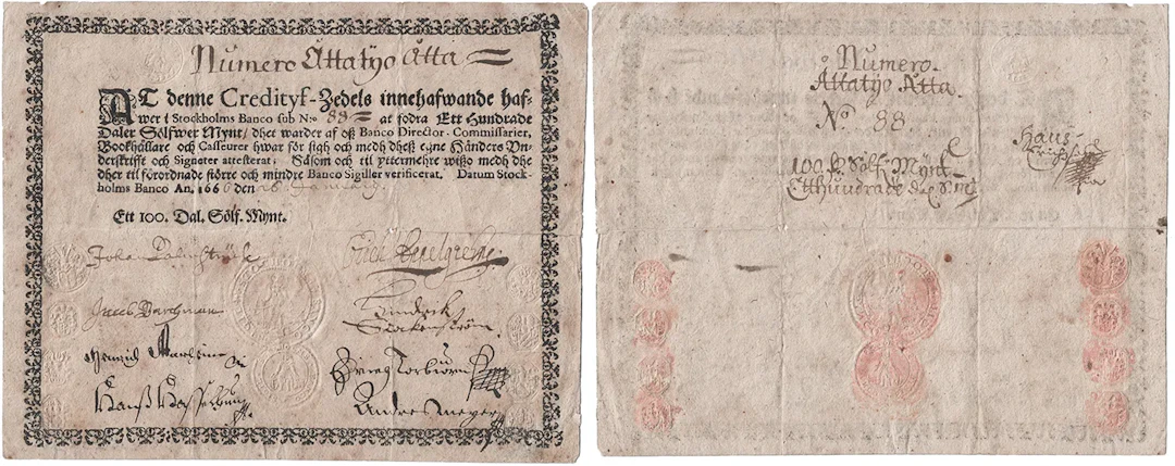 Stockholms Banco (Palmstruchska banken). 100 daler SM 1666