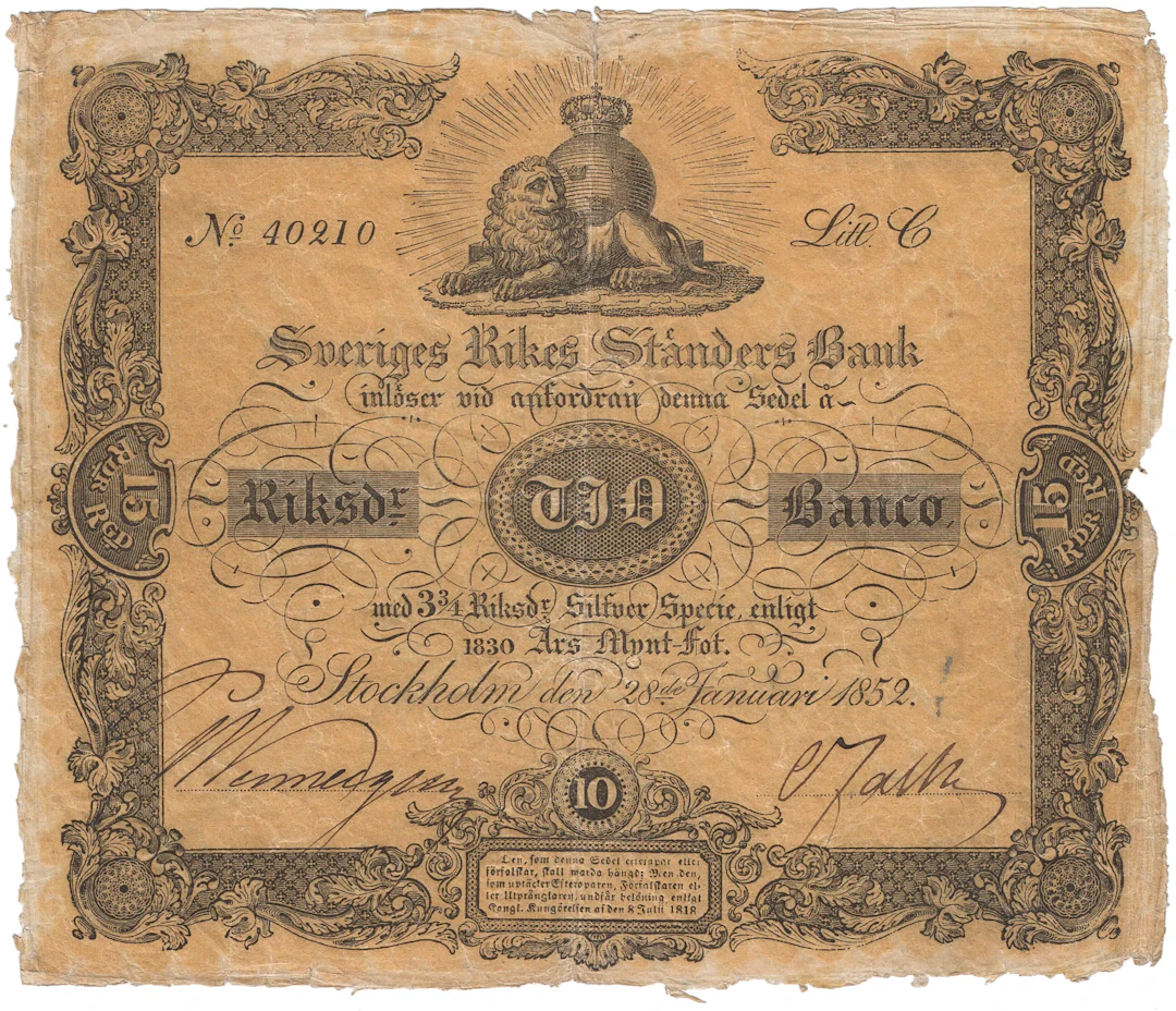 10 riksdaler banco 1852. C 40210