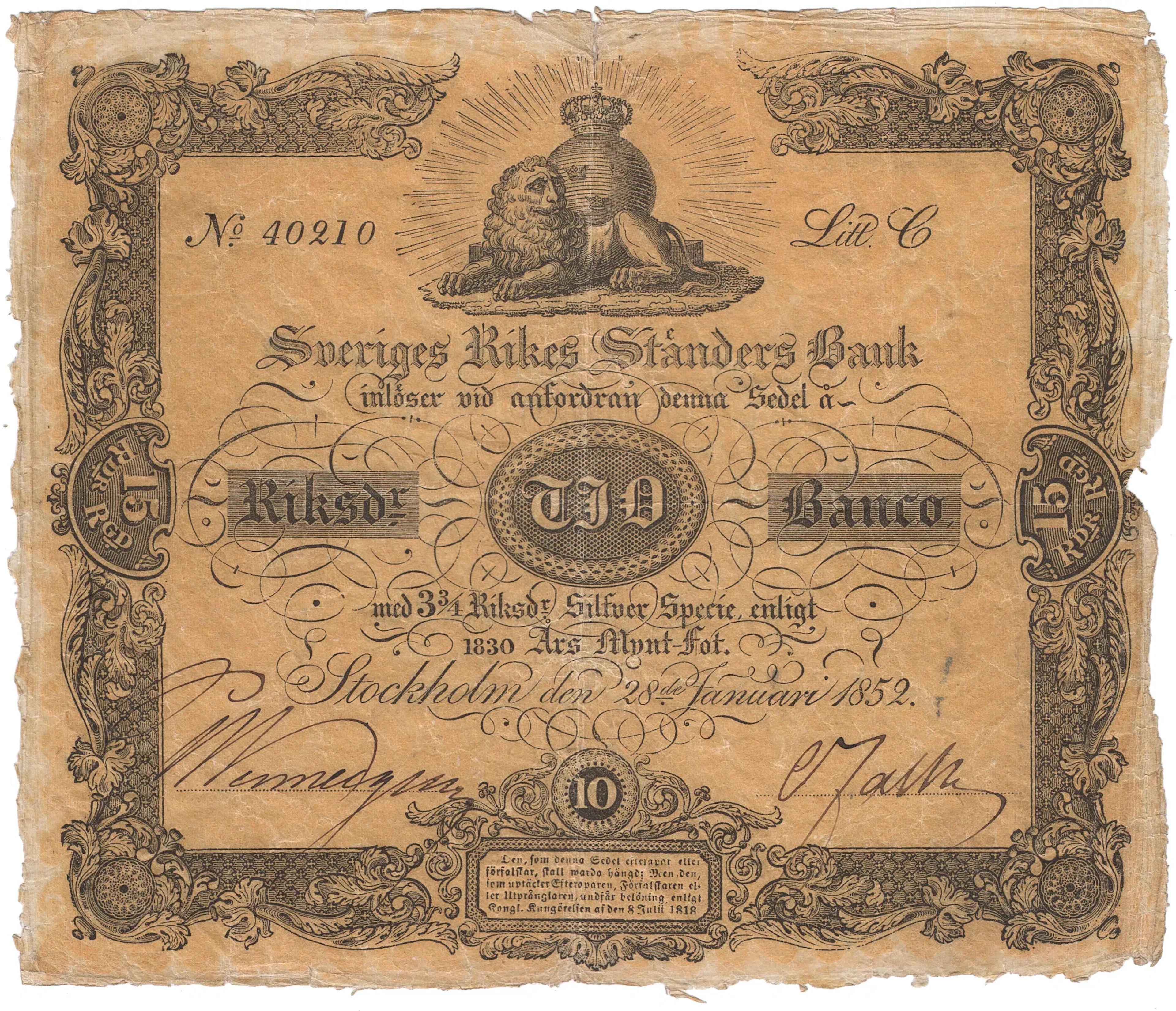 10 riksdaler banco 1852. C 40210