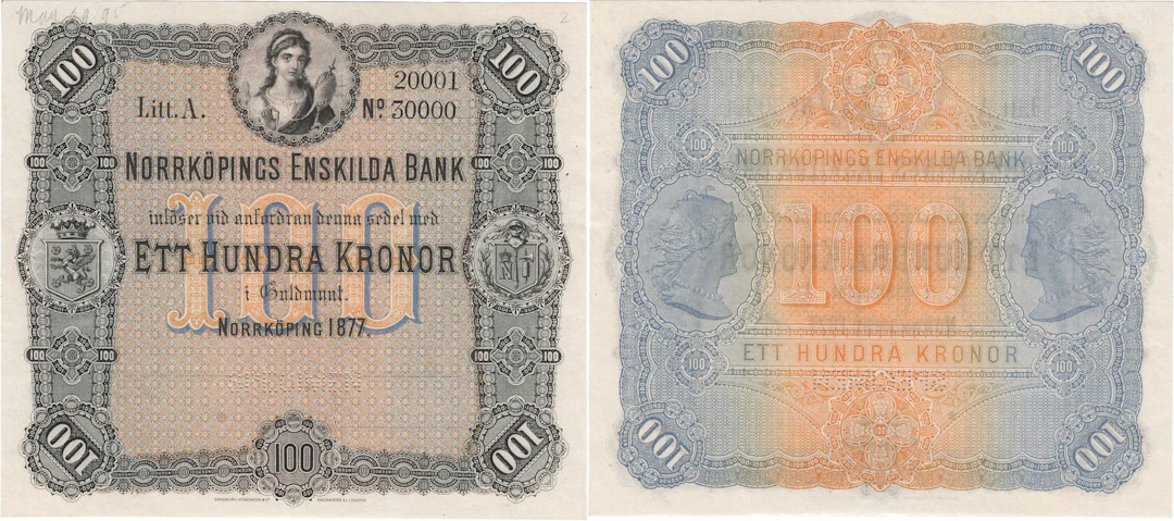 NORRKÖPINGS ENSKILDA BANK. Tredje oktrojen. 100 kronor 1877