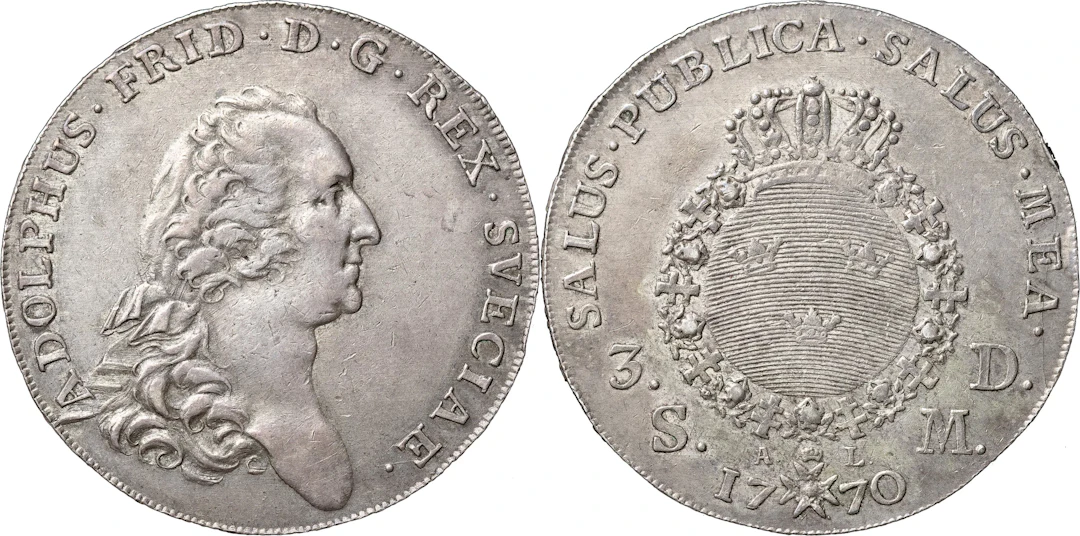 ADOLF FREDRIK (1751-1771). STOCKHOLM. 3 daler SM (riksdaler) 1770