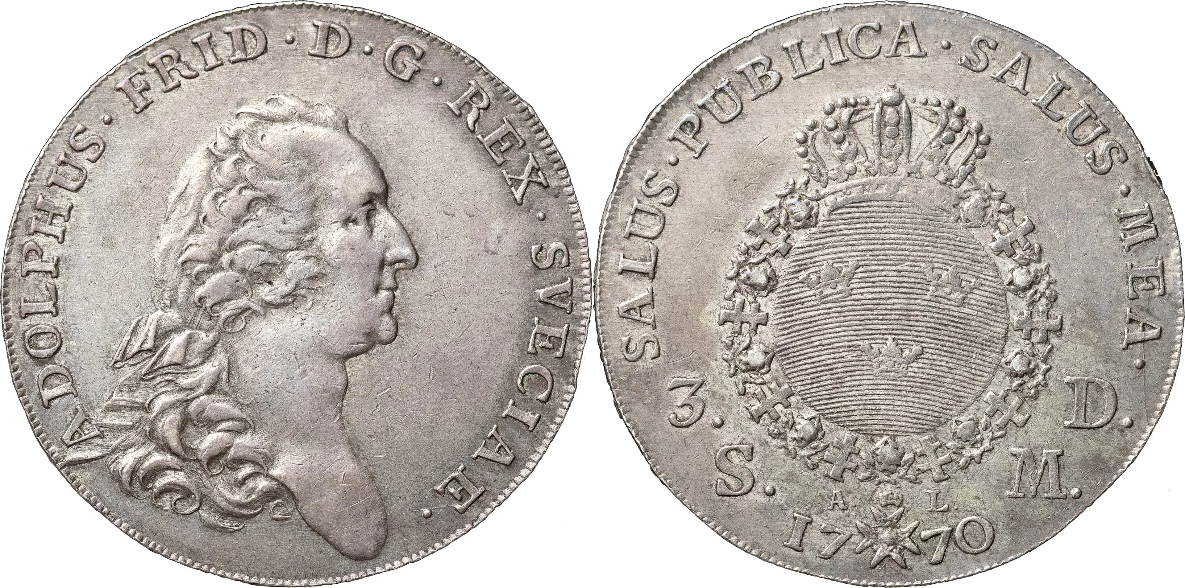 ADOLF FREDRIK (1751-1771). STOCKHOLM. 3 daler SM (riksdaler) 1770