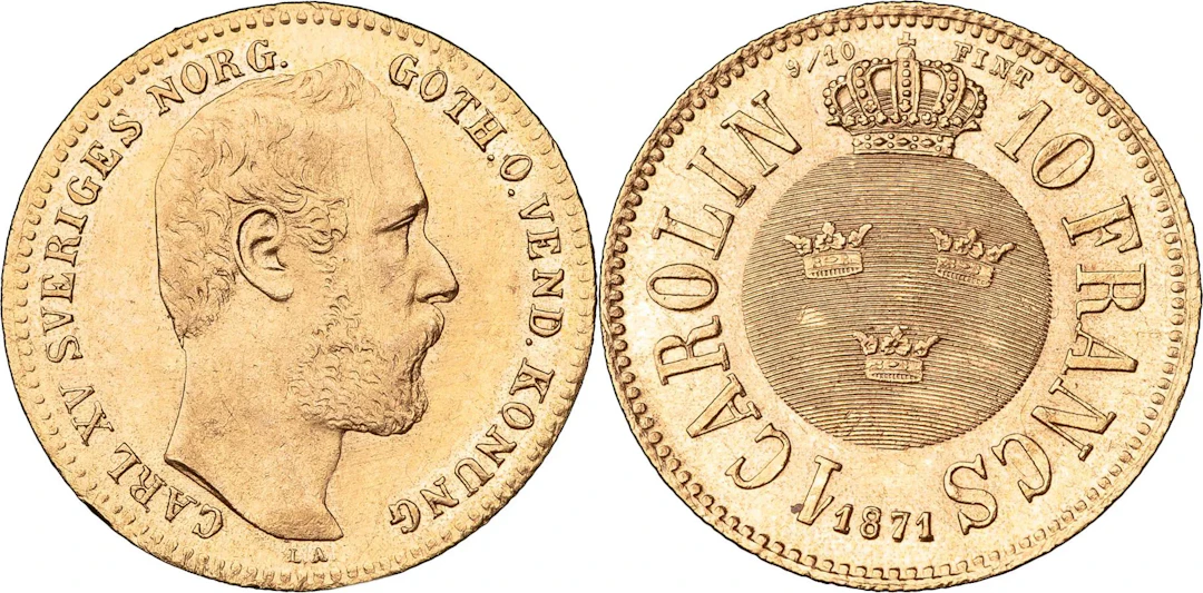 KARL XV (1859-1872). Carolin / 10 francs 1871. SM 12a