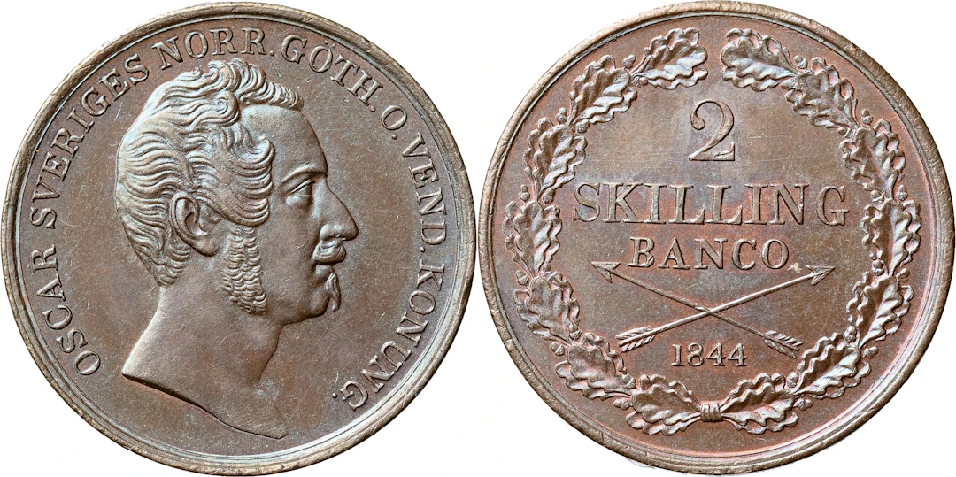 OSKAR I (1844-1859). 2 skilling banco 1844. SM 76