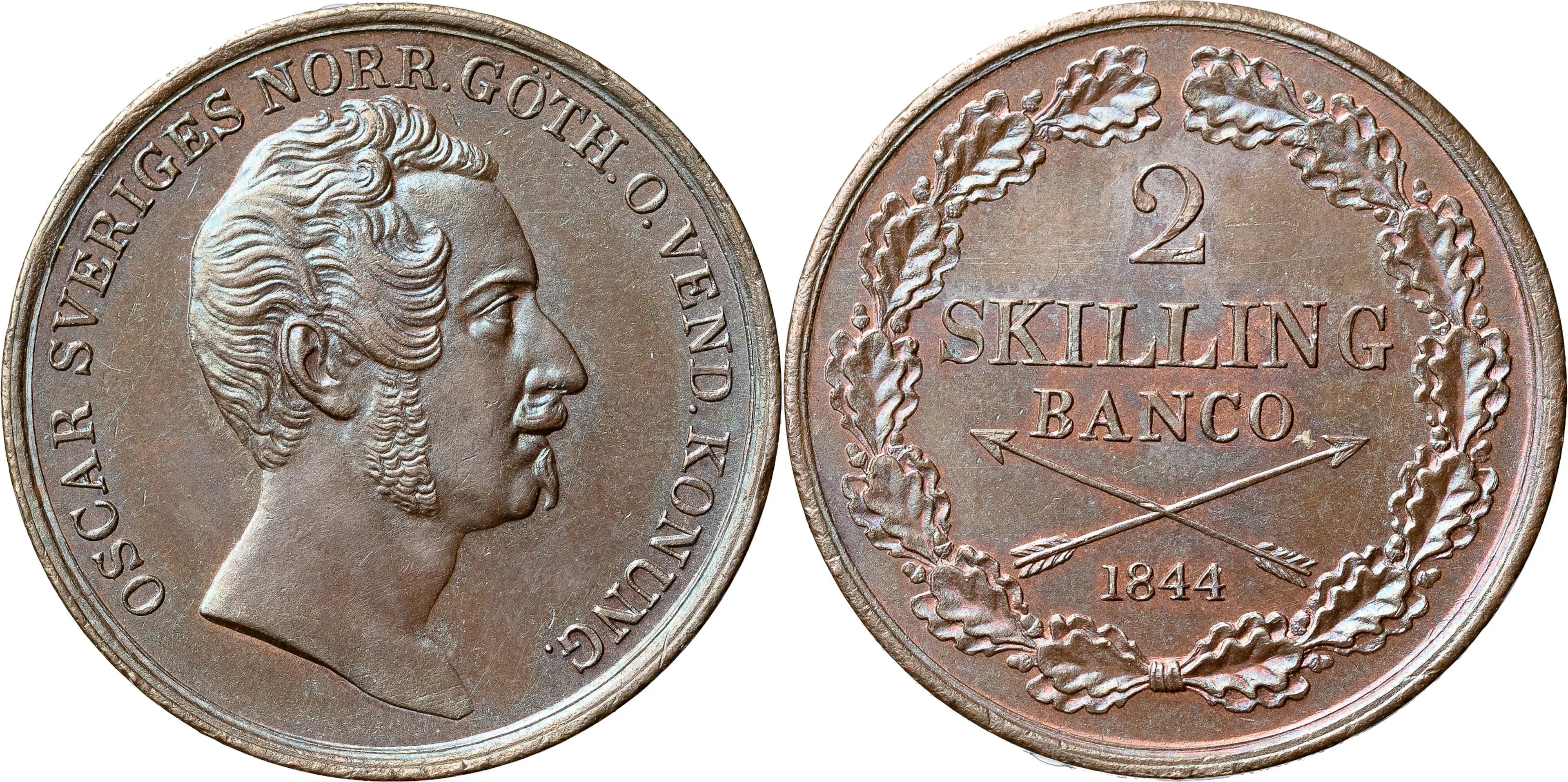 OSKAR I (1844-1859). 2 skilling banco 1844. SM 76