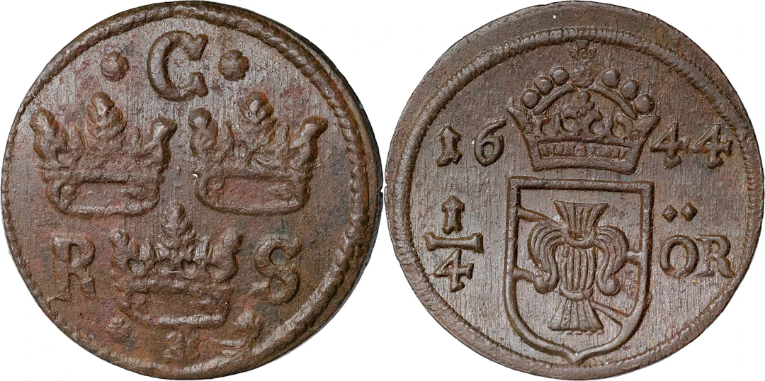KRISTINA (1632-1654). AVESTA. 1/4 öre 1644