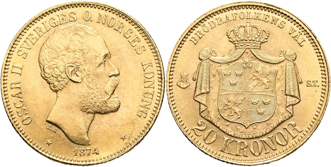 OSKAR II (1872-1907). 20 kronor 1874