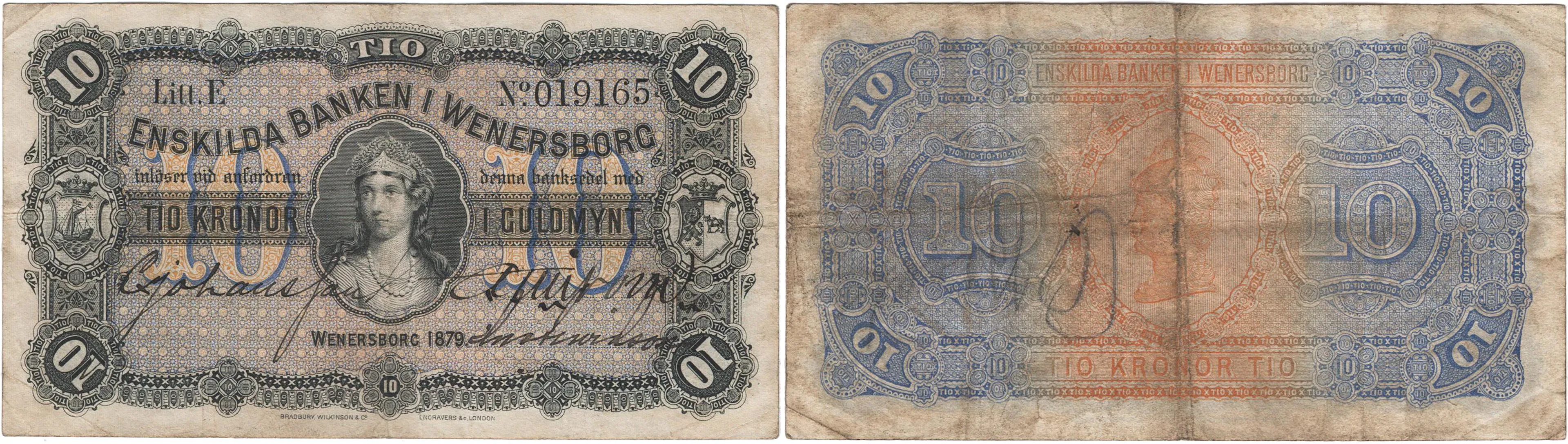 ENSKILDA BANKEN I WENERSBORG. Andra oktrojen. 10 kronor 1879