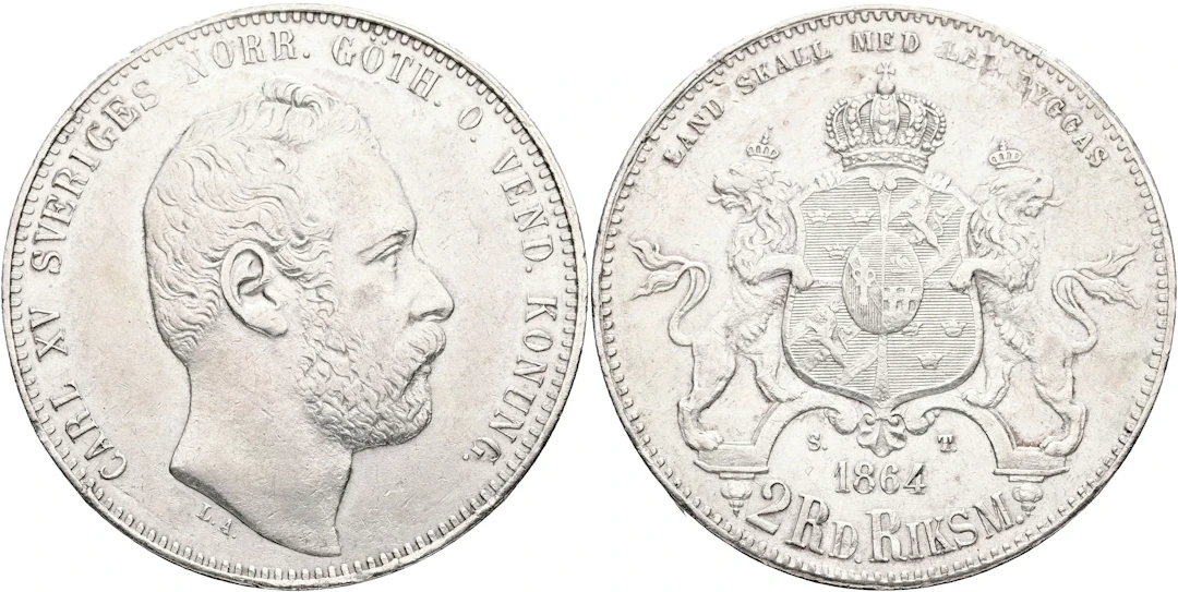 KARL XV (1859-1872). 2 riksdaler riksmynt 1864