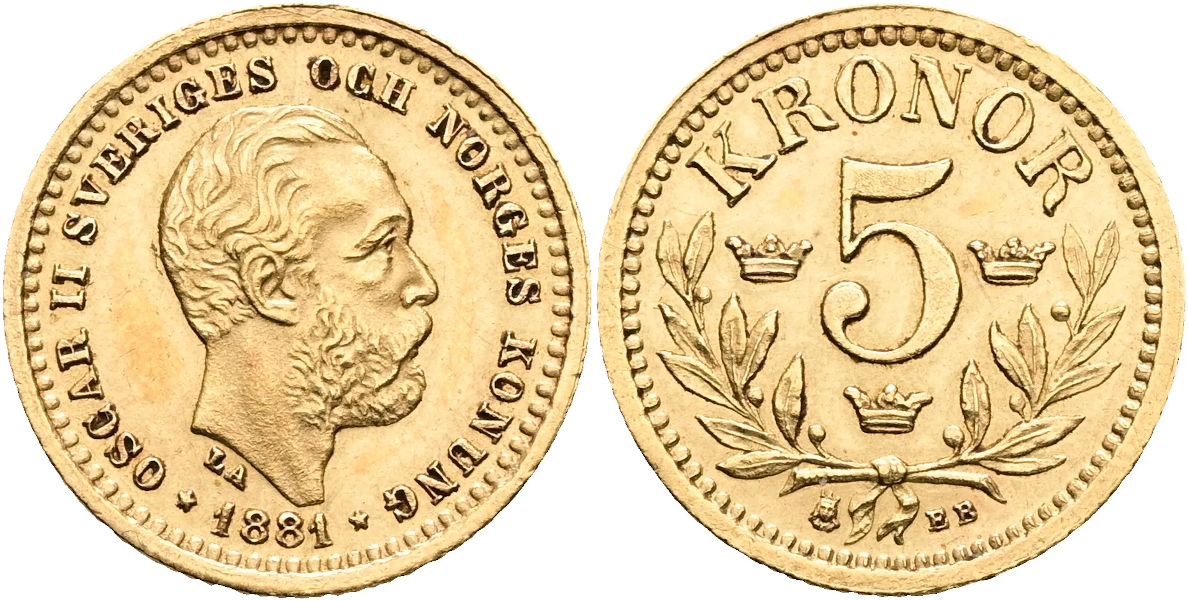 OSKAR II (1872-1907). 5 kronor 1881