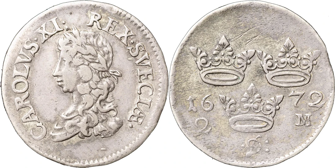 KARL XI (1660-1697). STOCKHOLM. 2 mark 1672