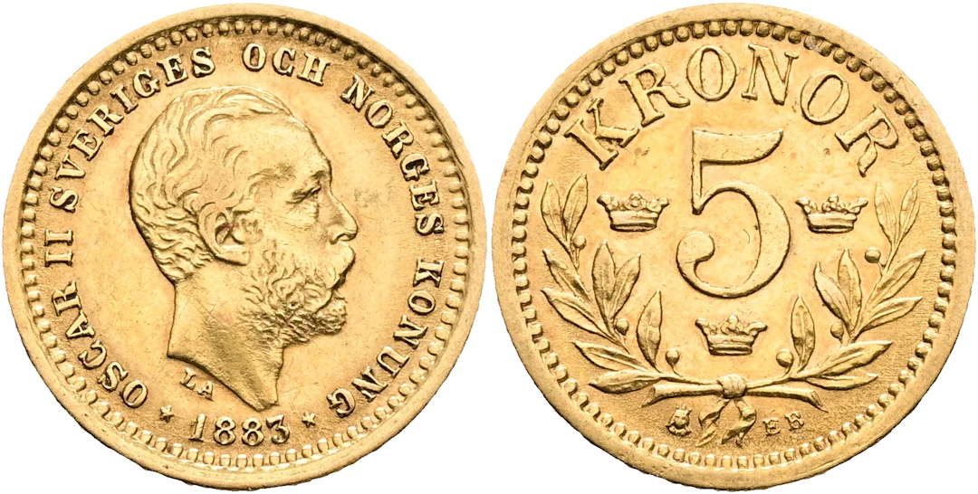 OSKAR II (1872-1907). 5 kronor 1883