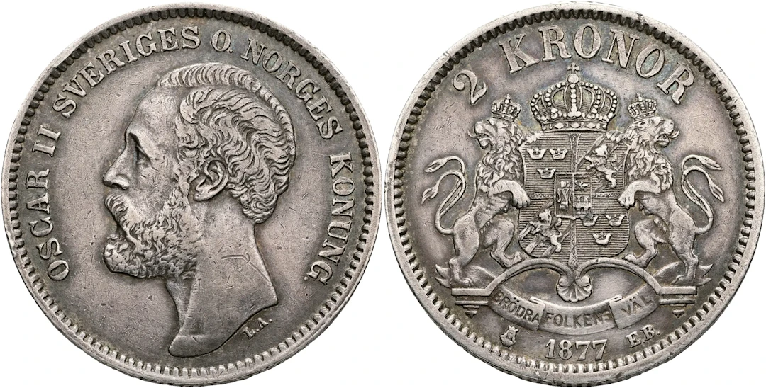 OSKAR II (1872-1907). 2 kronor 1877