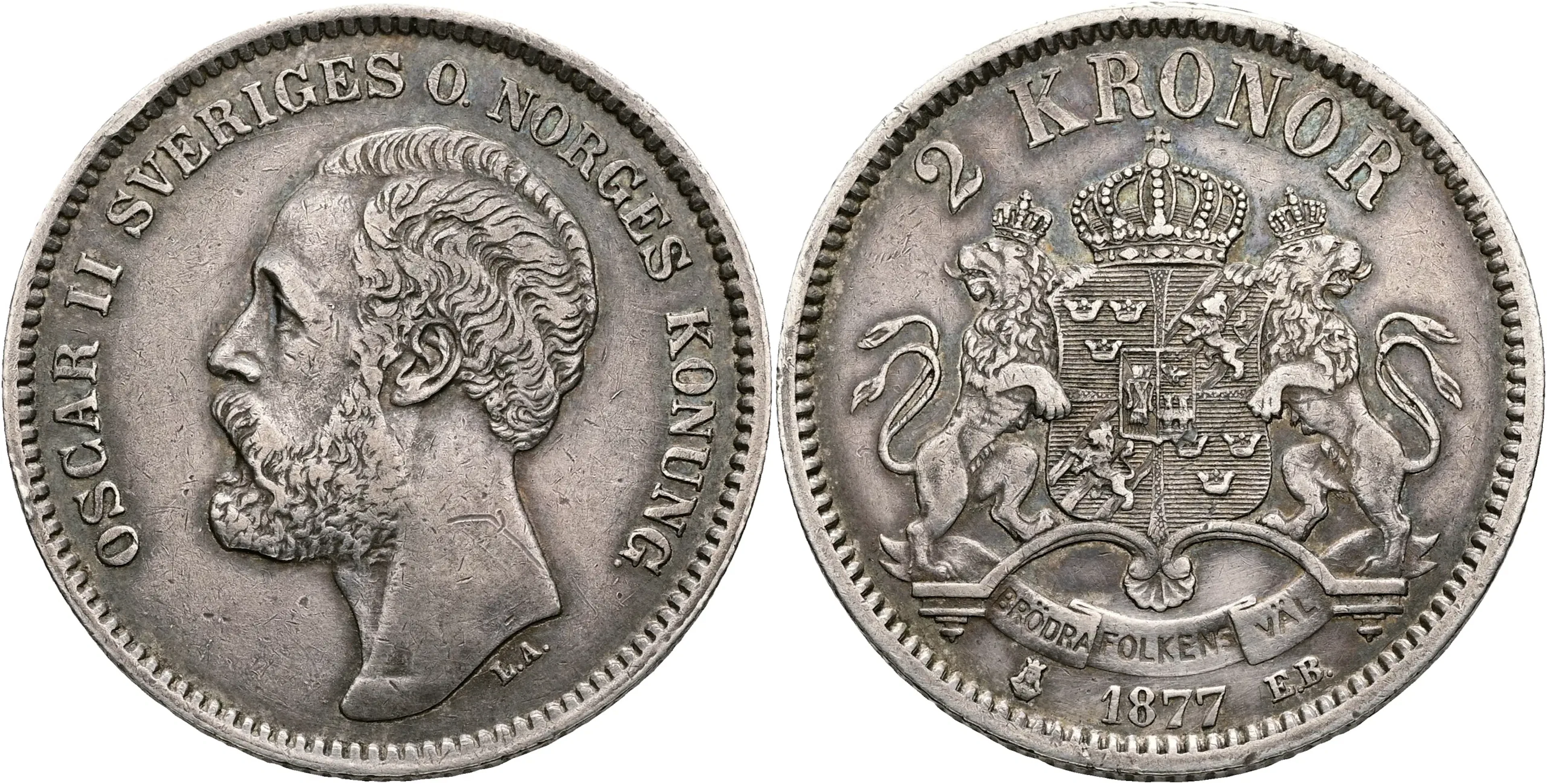 OSKAR II (1872-1907). 2 kronor 1877