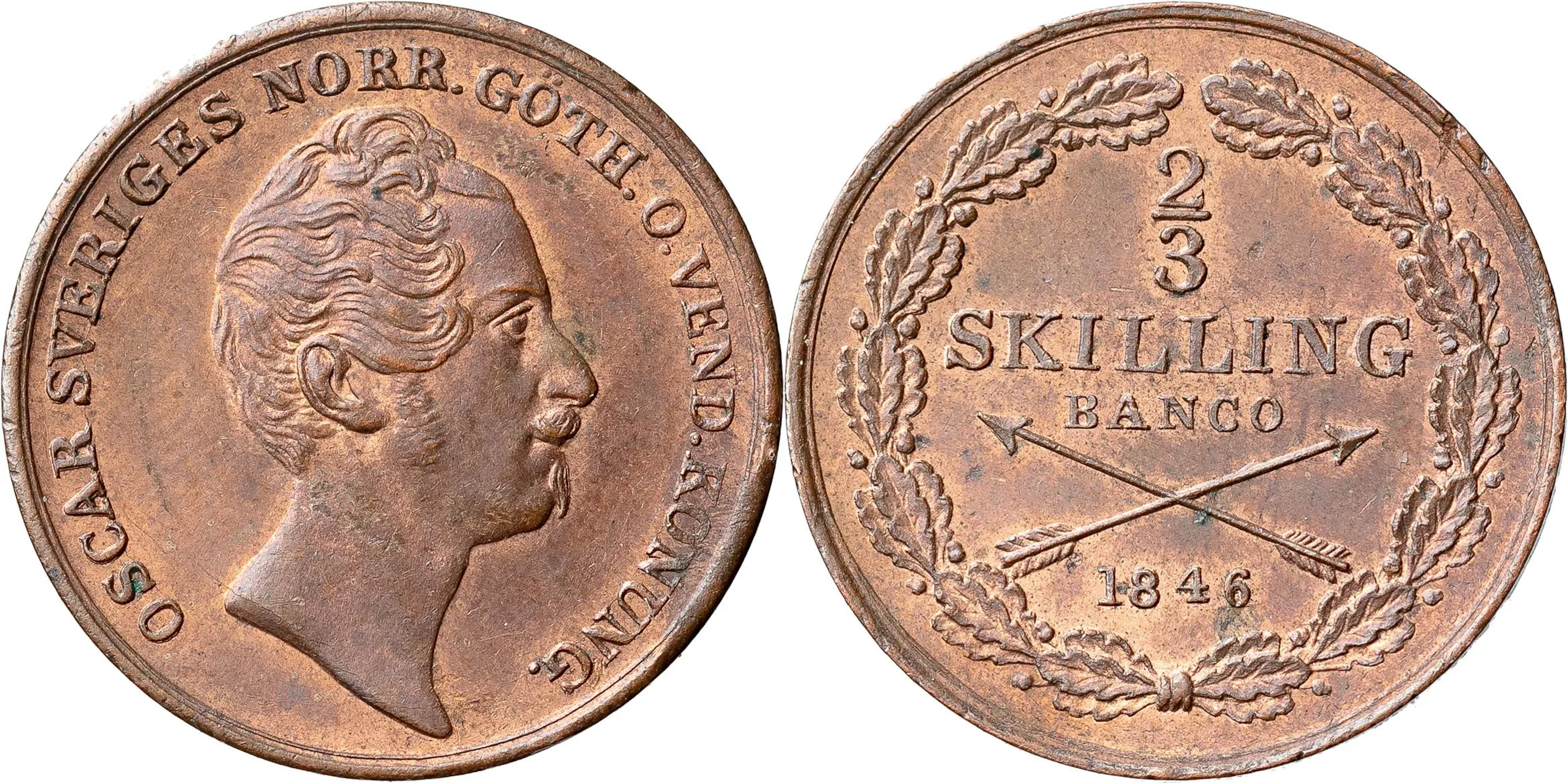 OSKAR I (1844-1859). 2/3 skilling banco 1846. SM 101