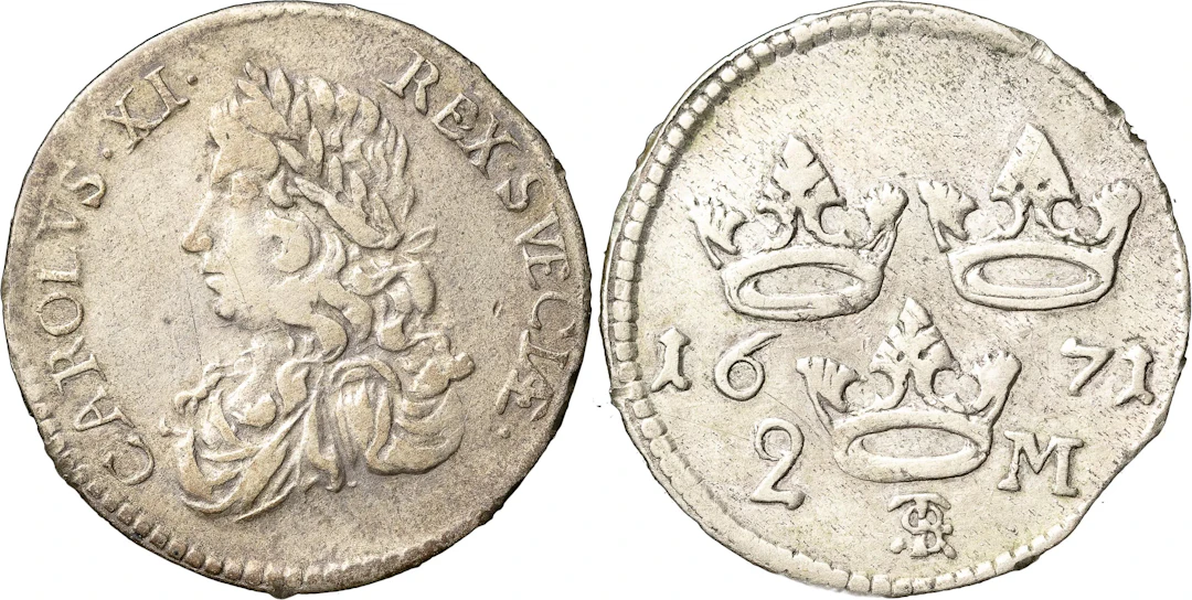 KARL XI (1660-1697). STOCKHOLM. 2 mark 1671
