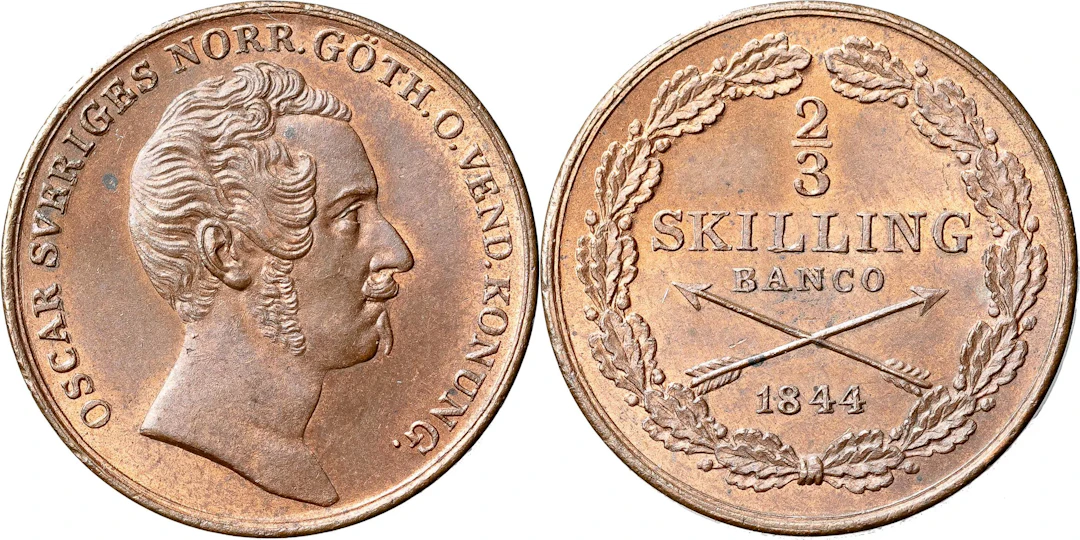 OSKAR I (1844-1859). 2/3 skilling banco 1844. SM 98