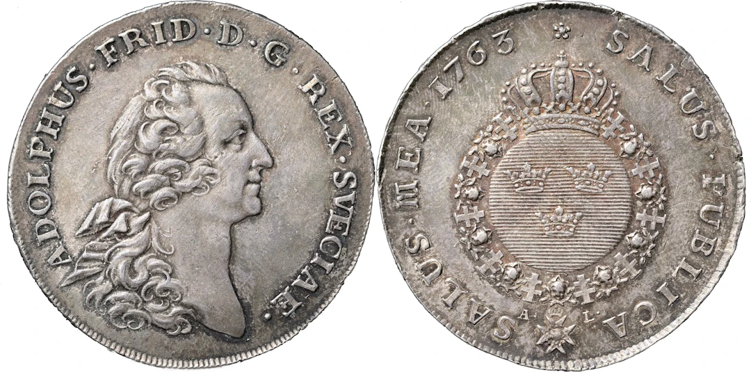 ADOLF FREDRIK (1751-1771). STOCKHOLM. Riksdaler 1763