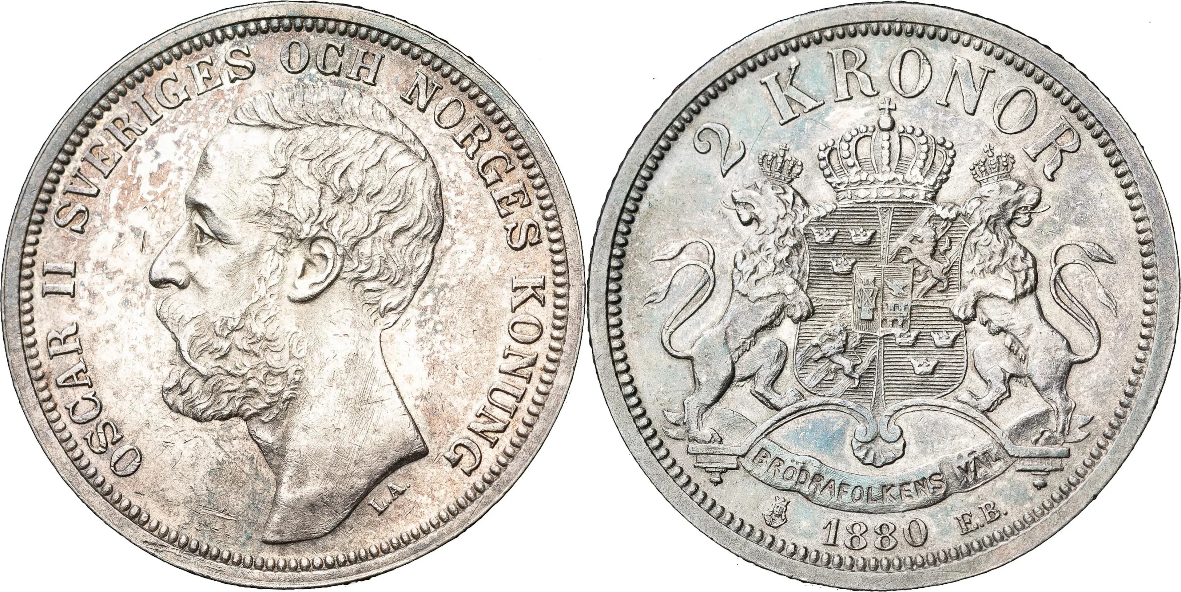 OSKAR II (1872-1907). 2 kronor 1880. Yngre typ med OCH i omskriften