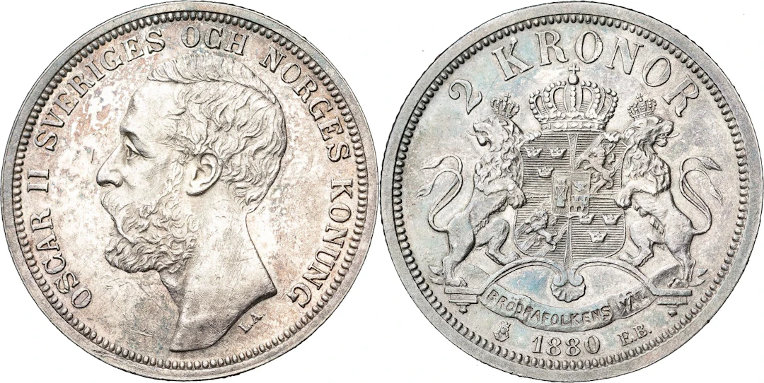 OSKAR II (1872-1907). 2 kronor 1880. Yngre typ med OCH i omskriften