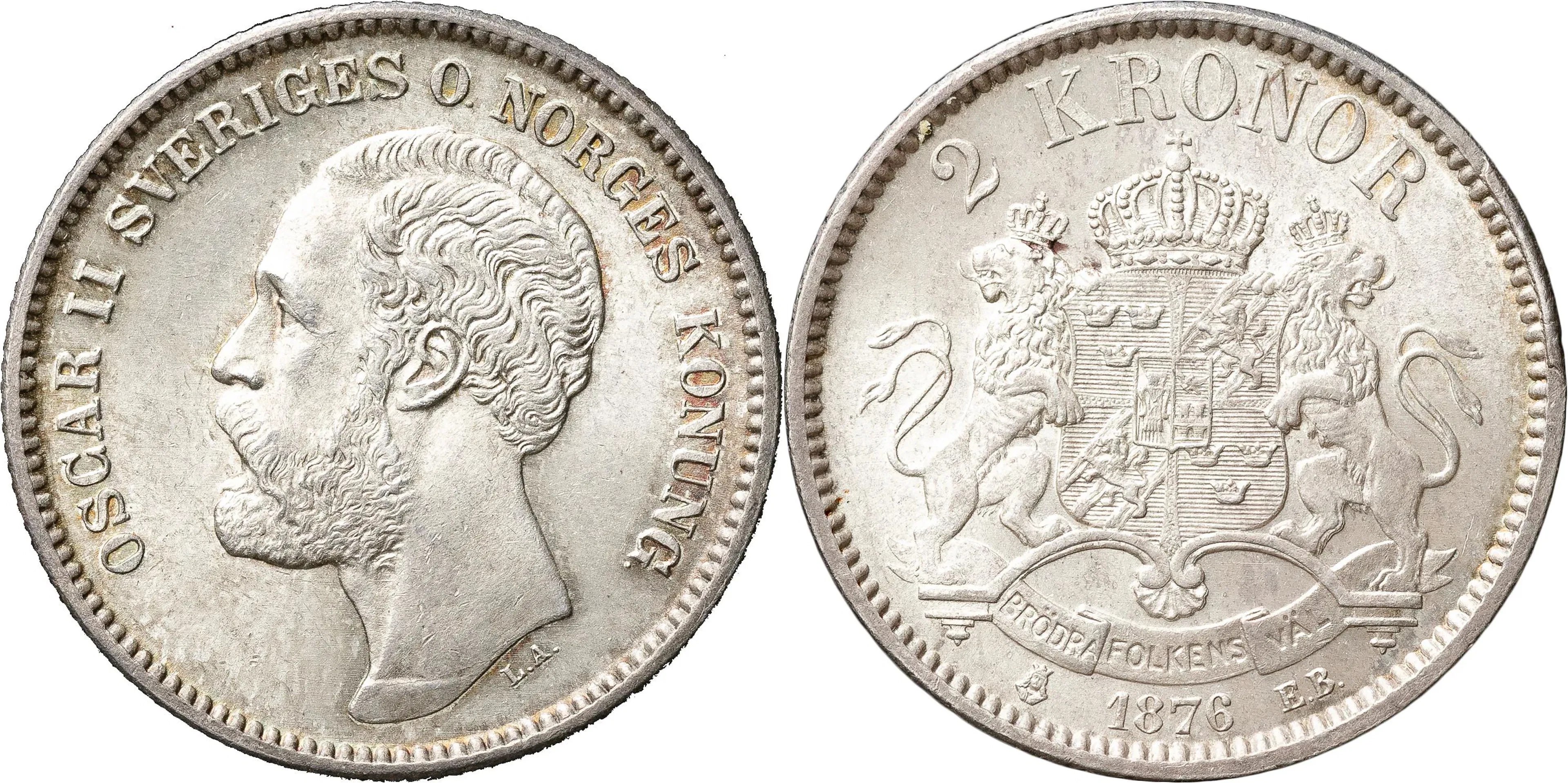 OSKAR II (1872-1907). 2 kronor 1876. Hopträngt årtal