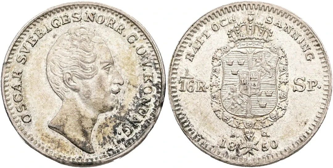OSKAR I (1844-1859). 1/16 riksdaler specie 1850