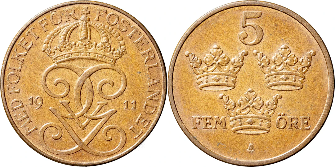 GUSTAV V (1907-1950). 5 öre 1911. S:t Erik med smal bas