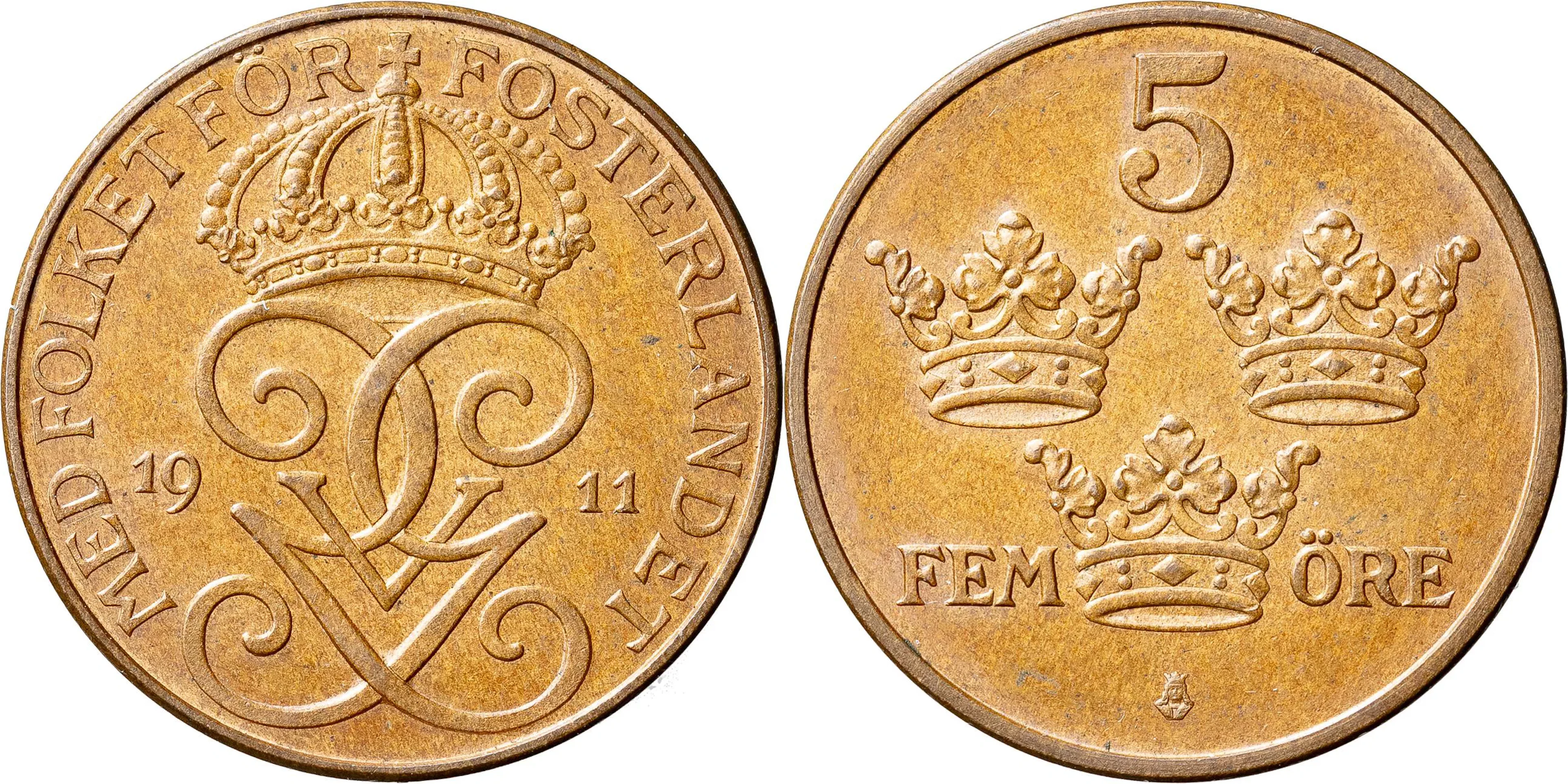 GUSTAV V (1907-1950). 5 öre 1911. S:t Erik med smal bas
