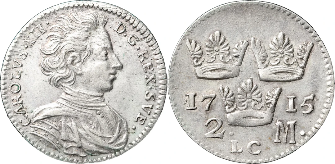 KARL XII (1697-1718). STOCKHOLM. 2 mark 1715