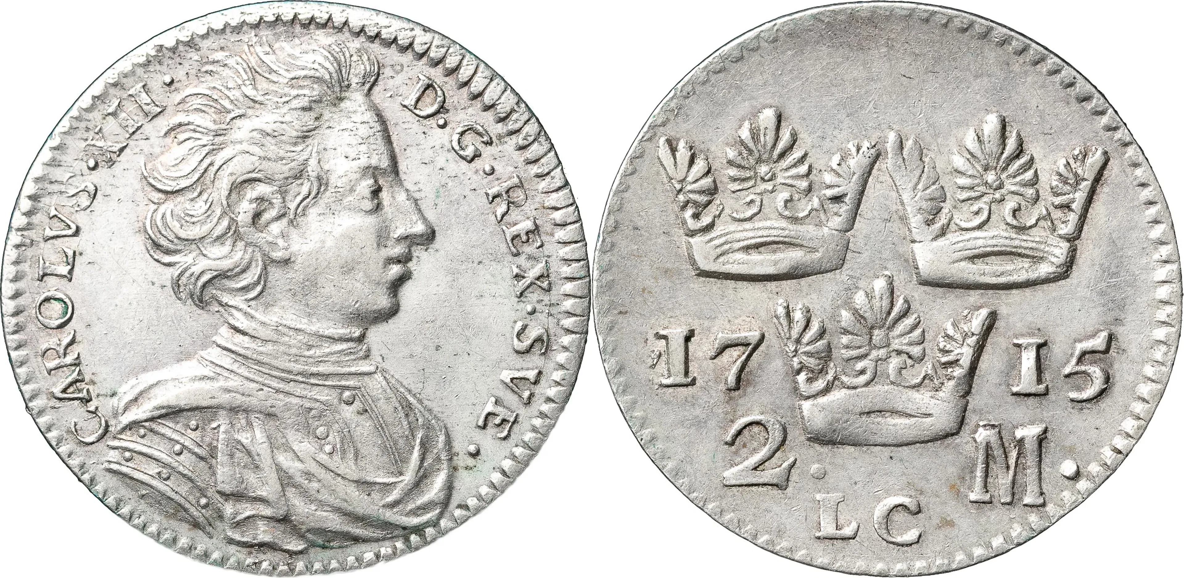 KARL XII (1697-1718). STOCKHOLM. 2 mark 1715