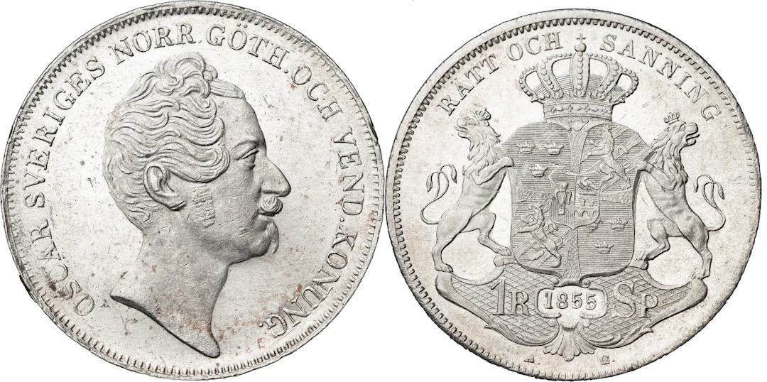 OSKAR I (1844-1859). Riksdaler specie 1855. SM 35