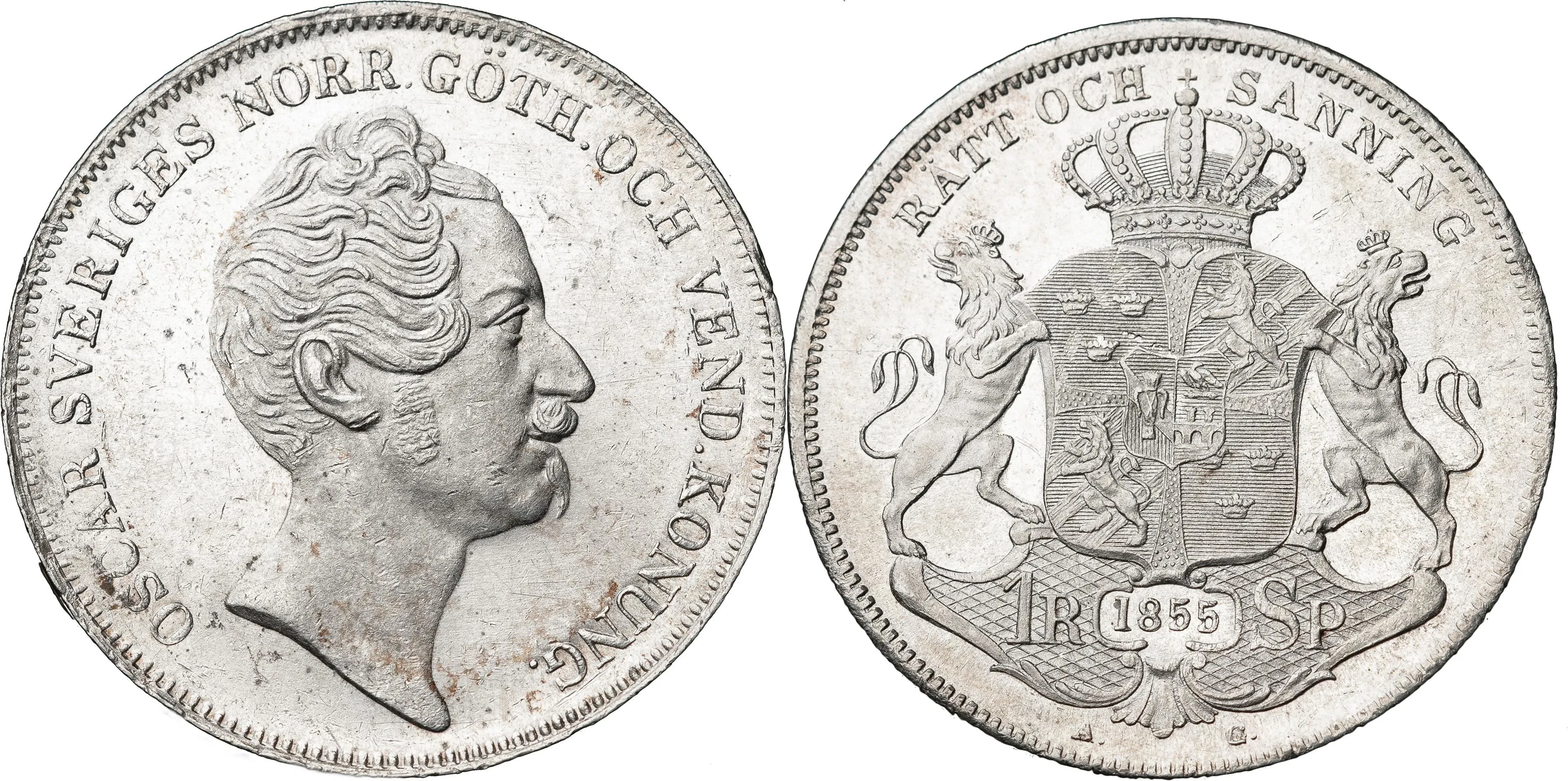 OSKAR I (1844-1859). Riksdaler specie 1855. SM 35