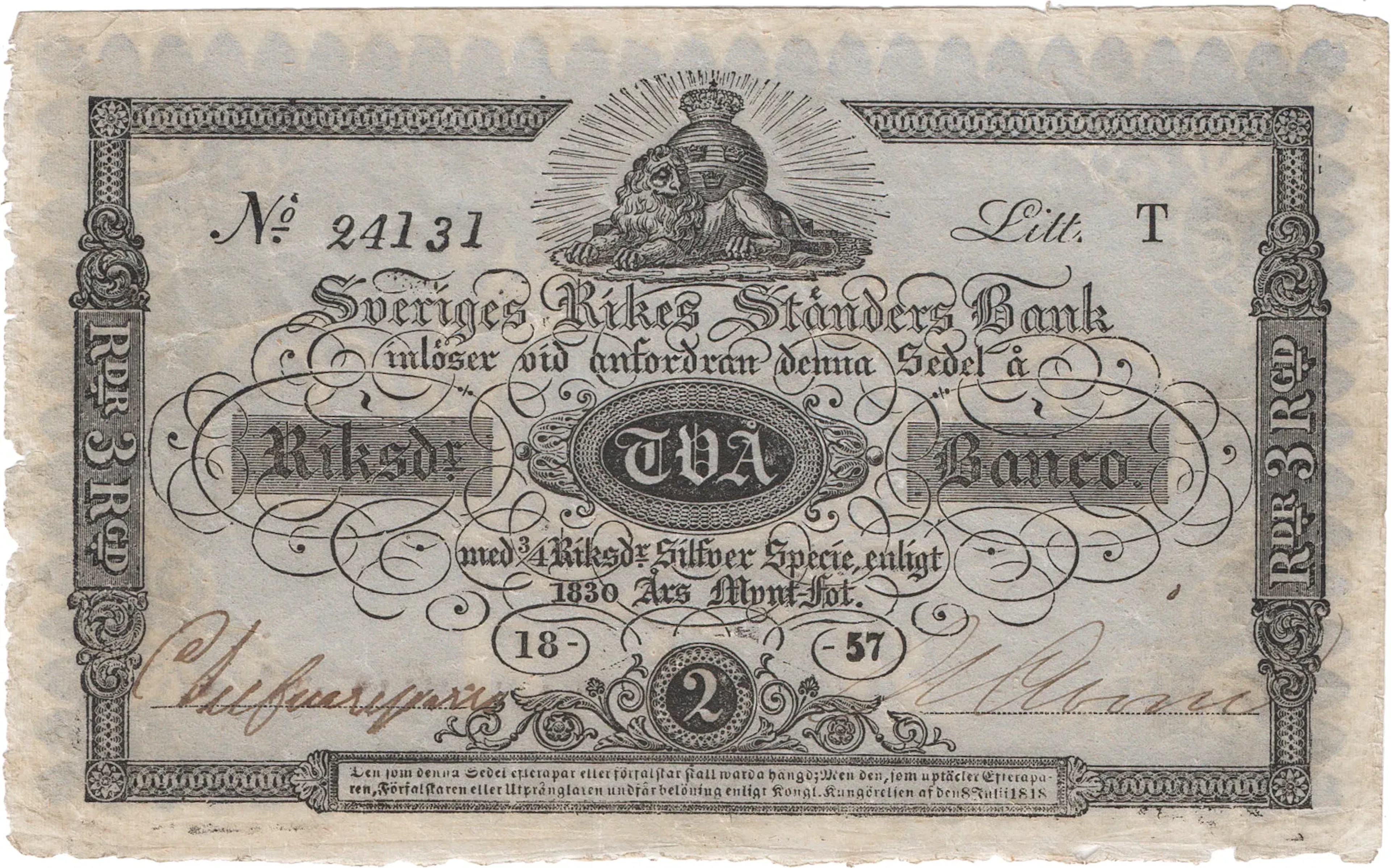 2 riksdaler banco 1857. T 24131