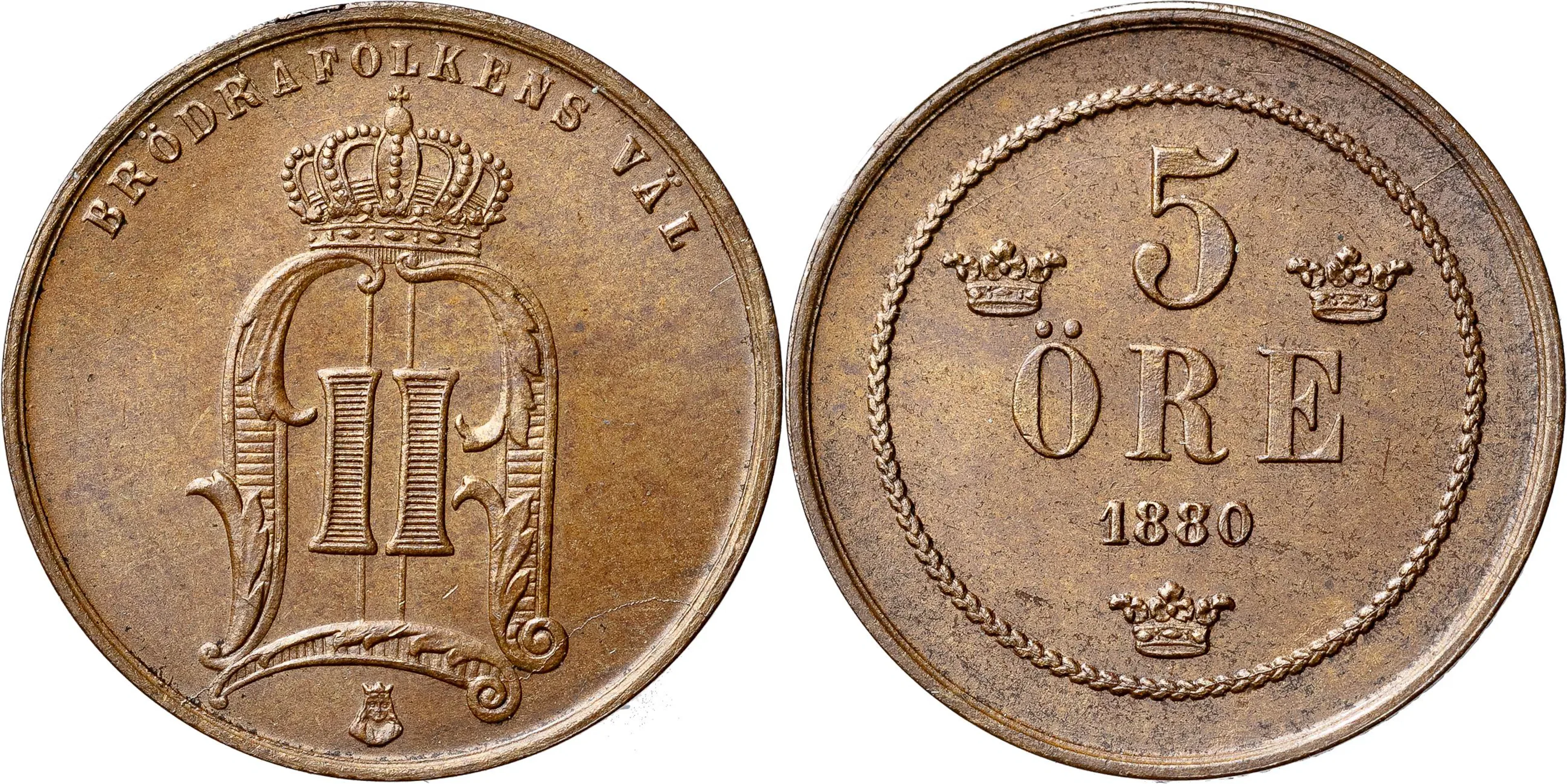 OSKAR II (1872-1907). 5 öre 1880. Sista 8:an omgraverad från en 7:a