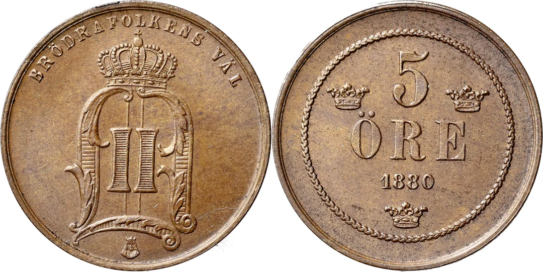 OSKAR II (1872-1907). 5 öre 1880. Sista 8:an omgraverad från en 7:a
