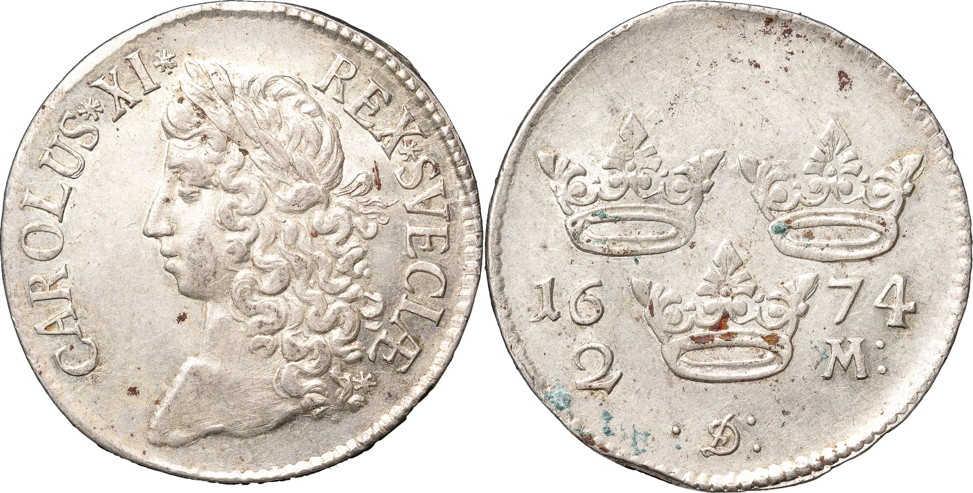 KARL XI (1660-1697). STOCKHOLM. 2 mark 1674