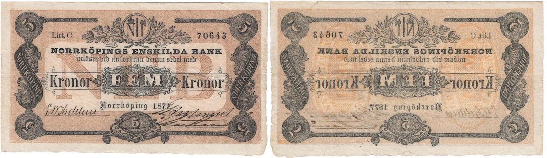 NORRKÖPINGS ENSKILDA BANK. Tredje oktrojen. 5 kronor 1877