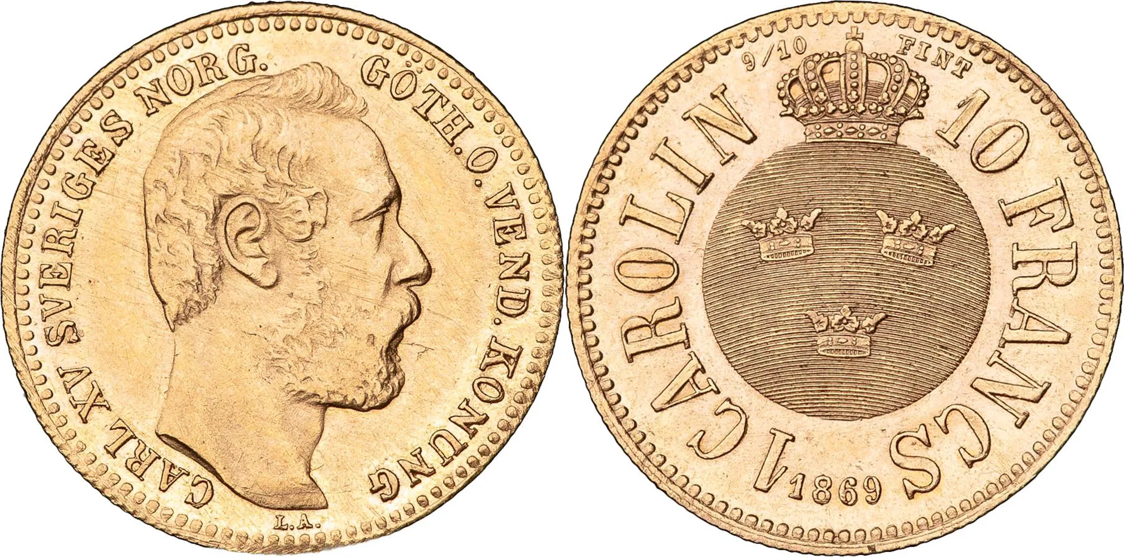 KARL XV (1859-1872). Carolin / 10 francs 1869. SM 11