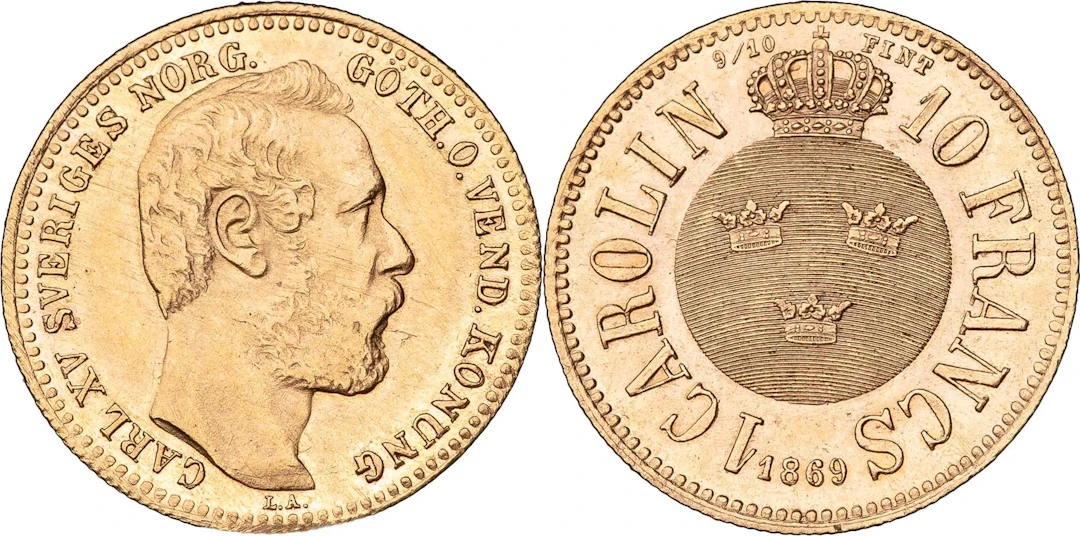 KARL XV (1859-1872). Carolin / 10 francs 1869. SM 11