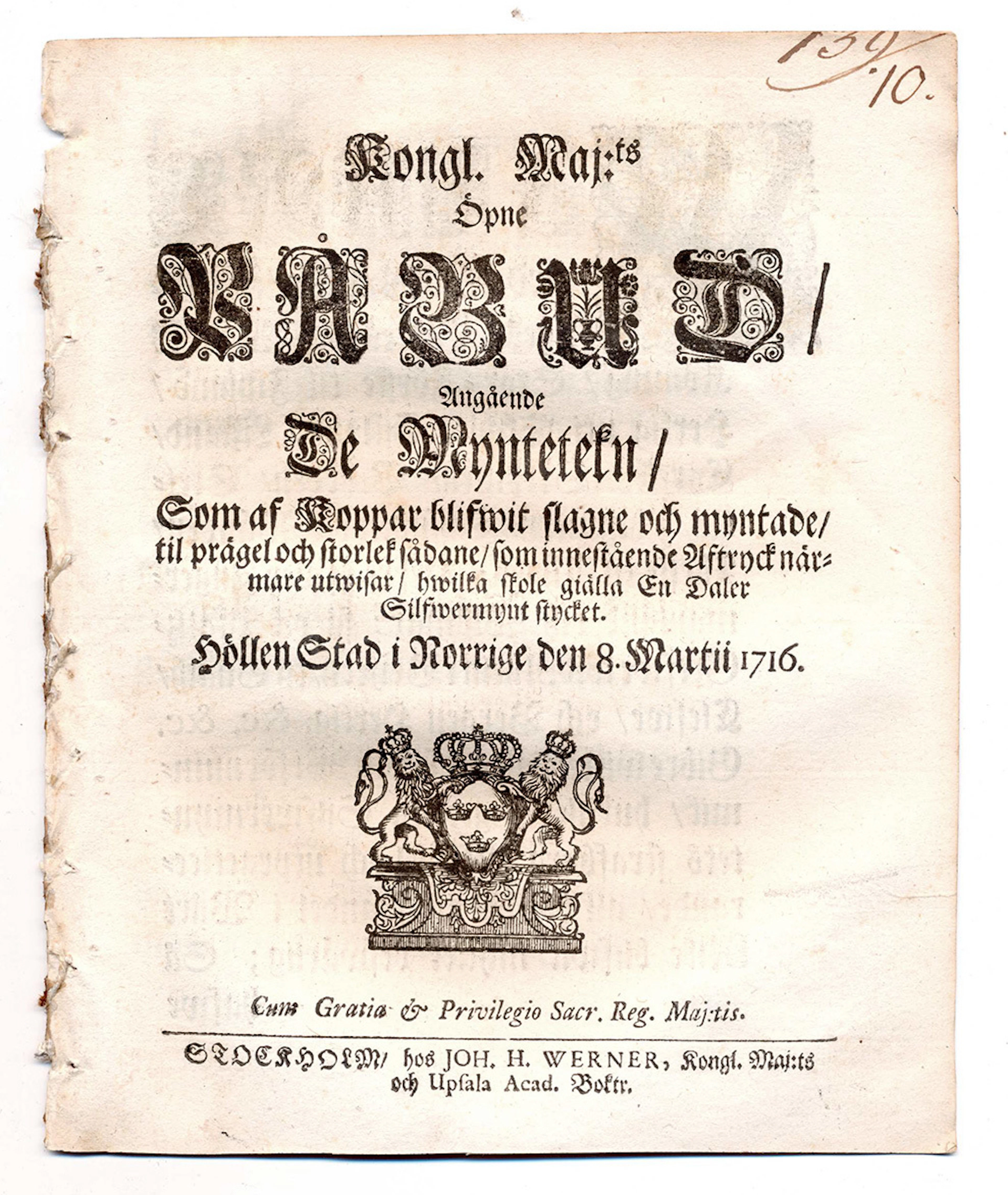 (1716-03-08) Angående De Myntetekn, Som af Koppar blifwit slagne