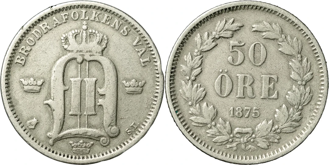 OSKAR II (1872-1907). 50 öre 1875. Samtida förfalskning av den så