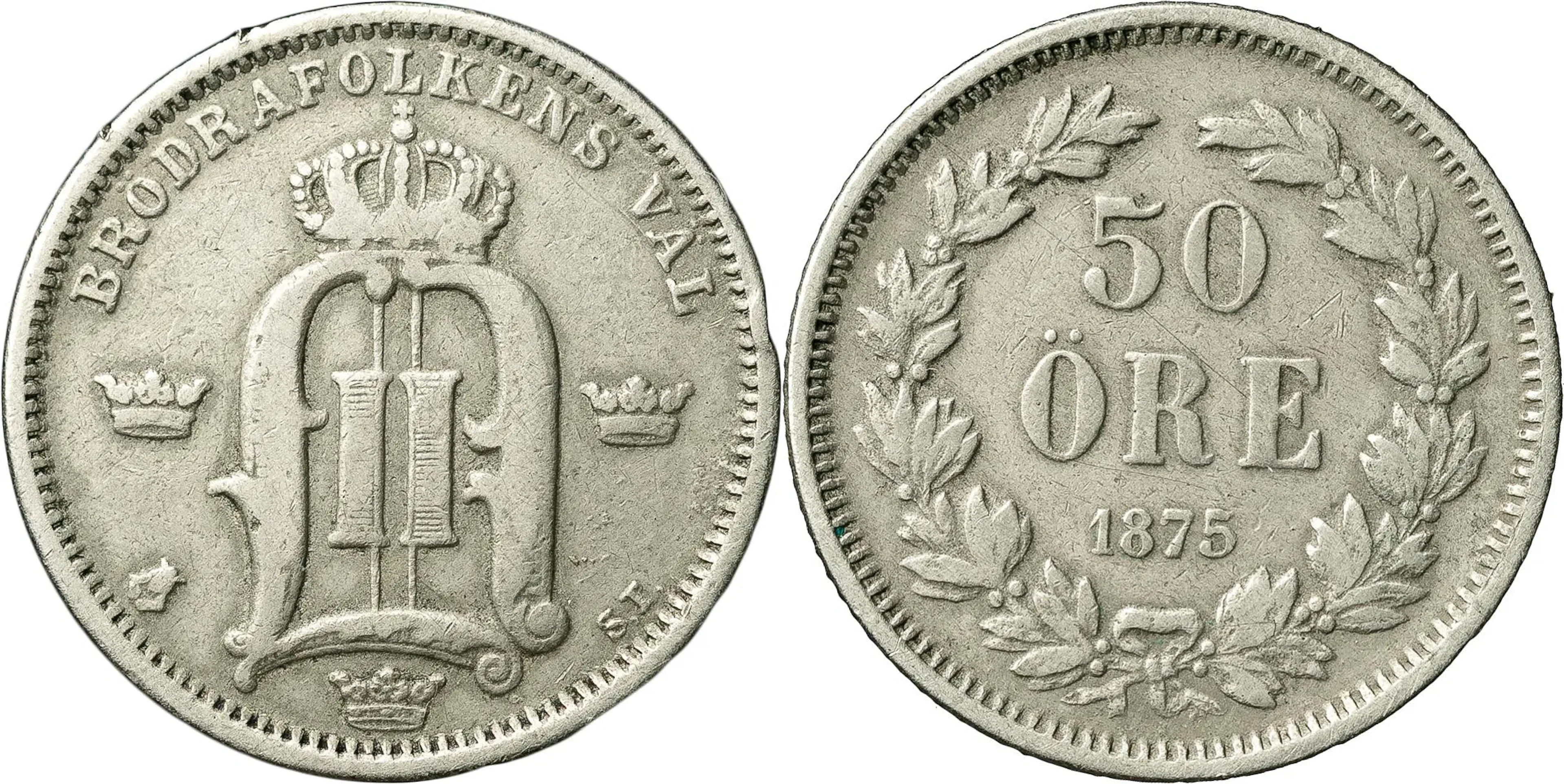 OSKAR II (1872-1907). 50 öre 1875. Samtida förfalskning av den så