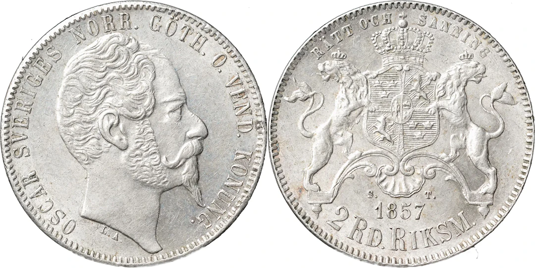 OSKAR I (1844-1859). 2 riksdaler riksmynt 1857. Ettårstyp