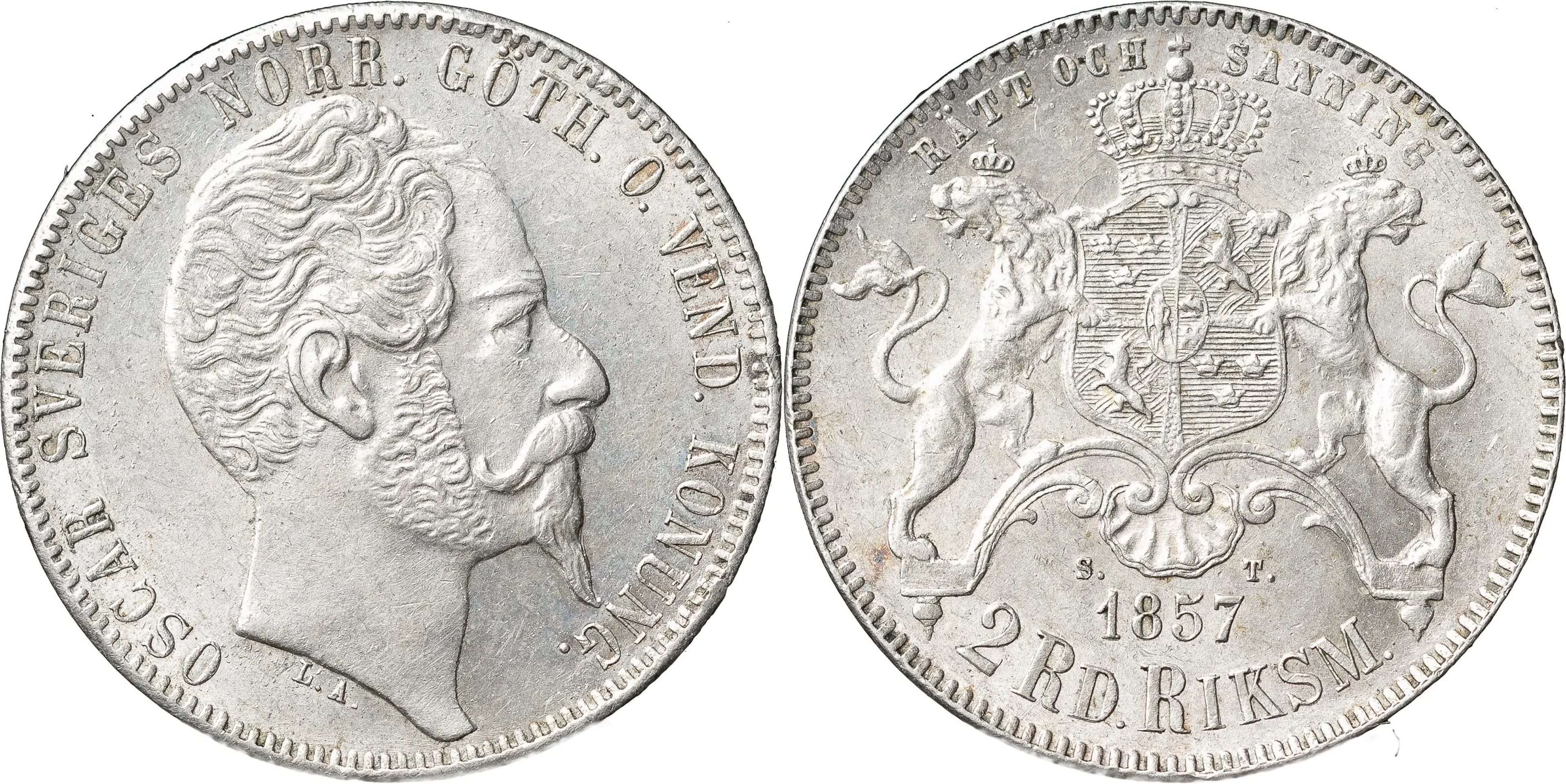 OSKAR I (1844-1859). 2 riksdaler riksmynt 1857. Ettårstyp